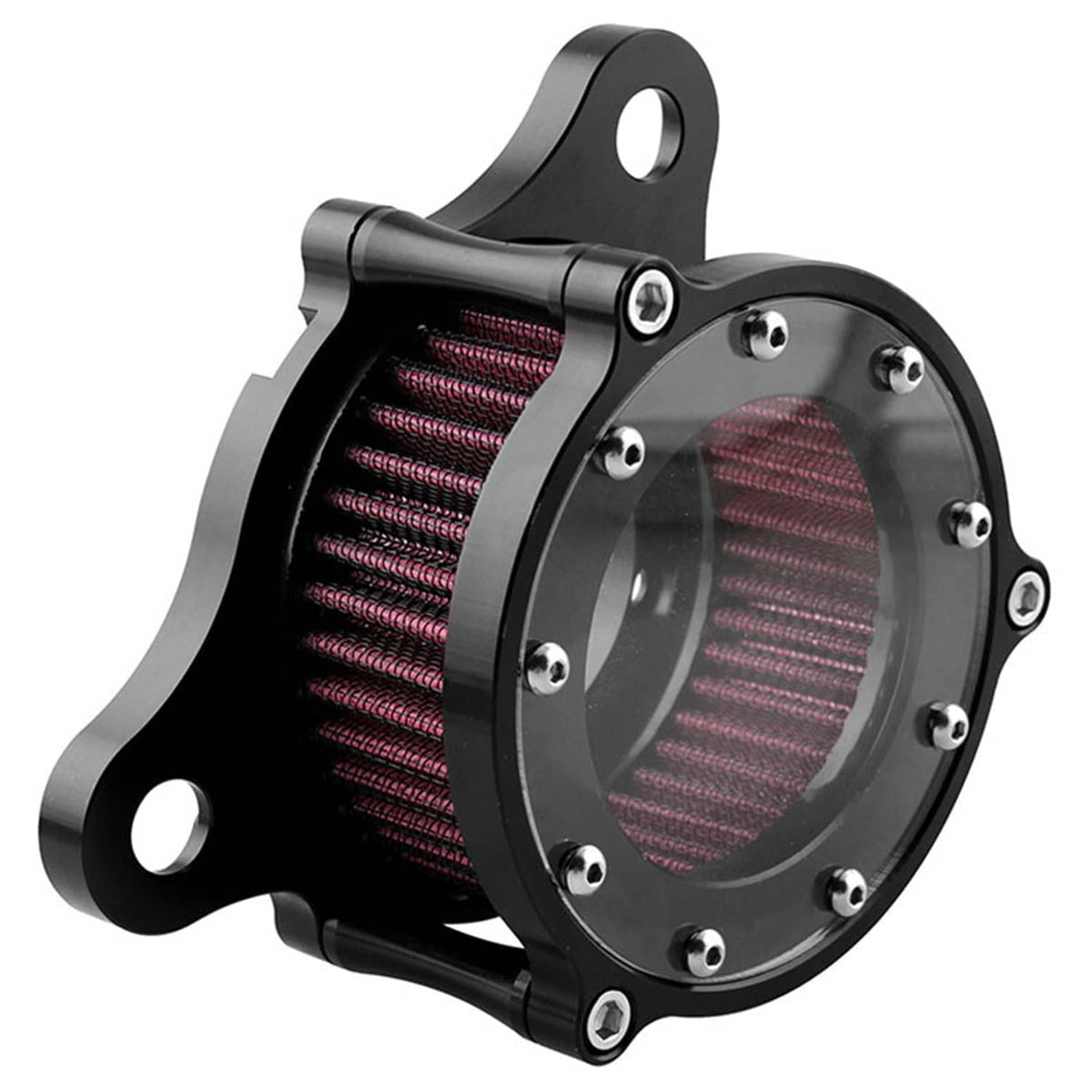 Black air cleaner intake filter housing with red pleated filter, front view