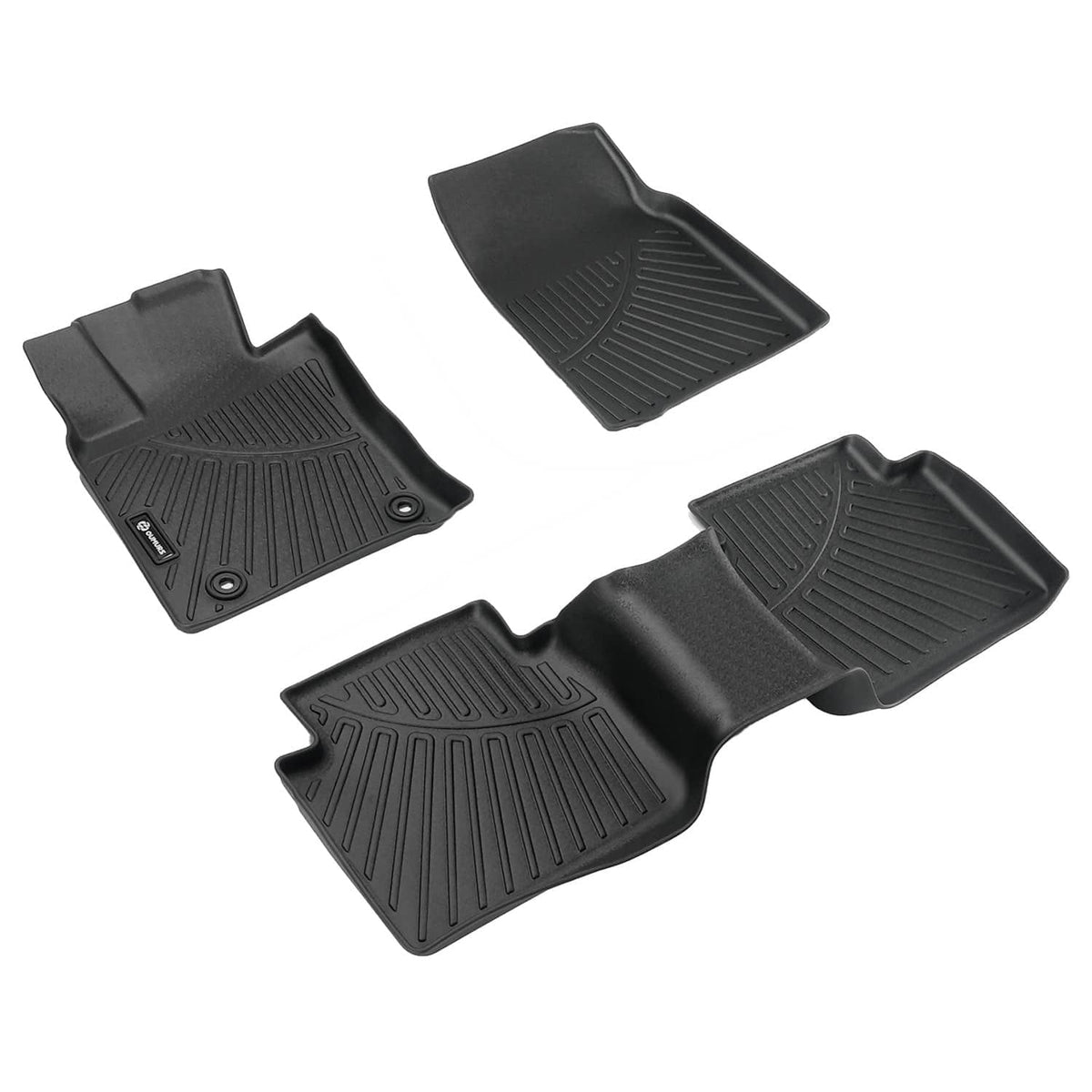 Black TPE floor liner mats with textured tread pattern and raised side edges