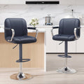 Set of 2 blue counter-height stools with backs, chrome base, and armrests