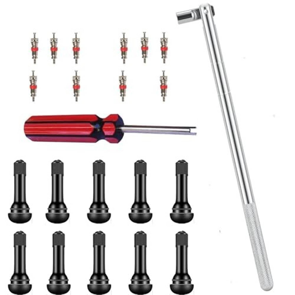 Valve stem puller toolkit: red tool, long handle, and 10 black valve stems
