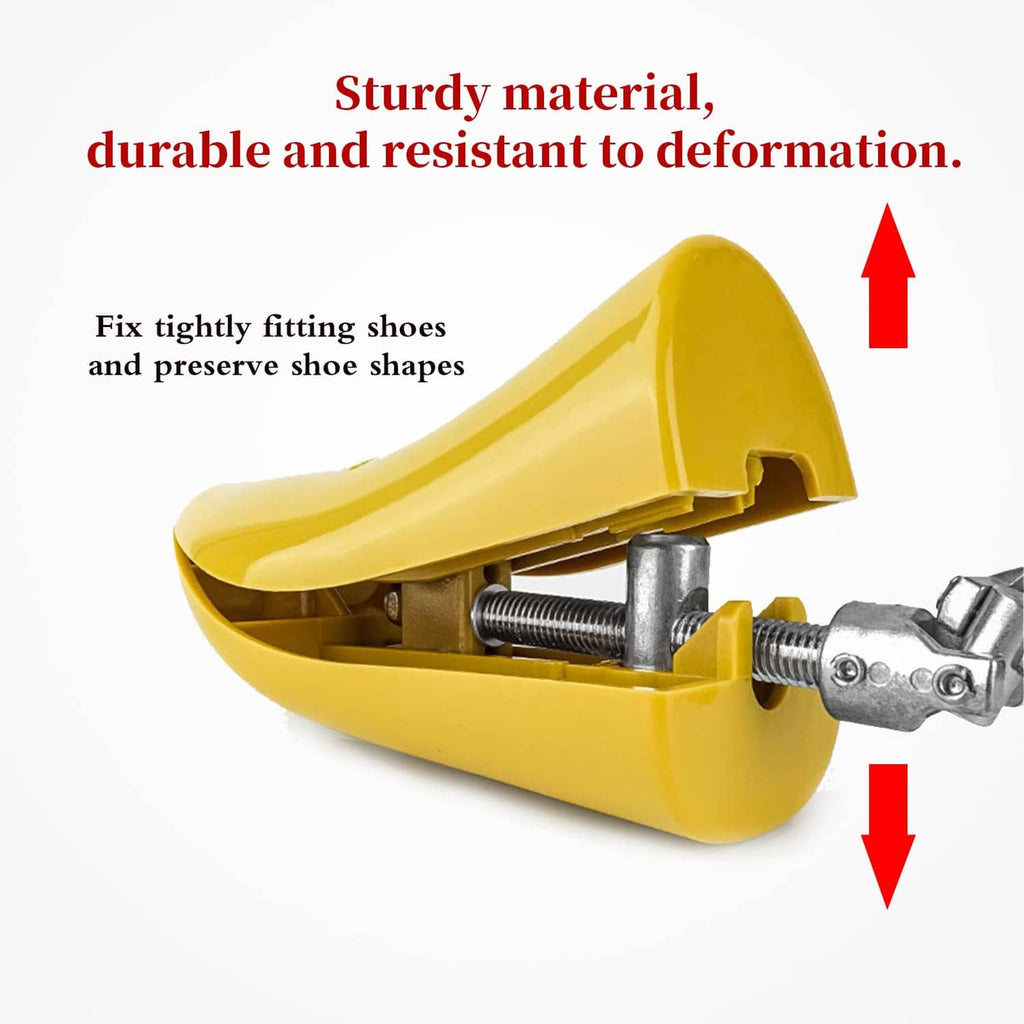 Yellow boot stretcher wedge with threaded screw and metal clamp parts
