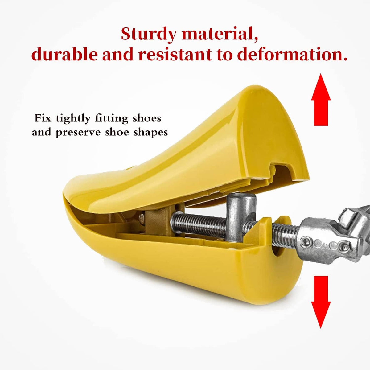 Yellow boot stretcher wedge with threaded screw and metal clamp parts
