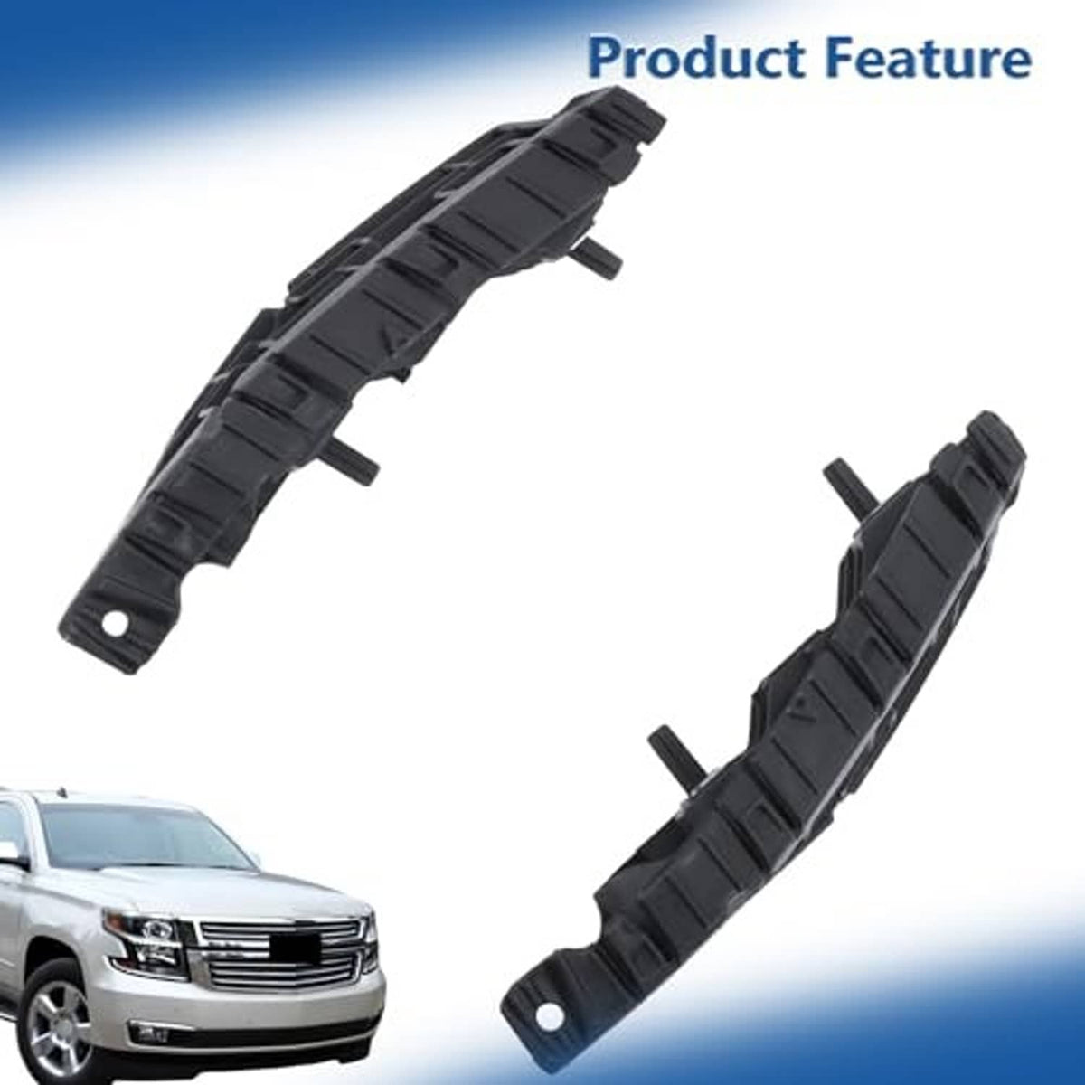 Black plastic front bumper side bracket pair with mounting holes and clip tabs
