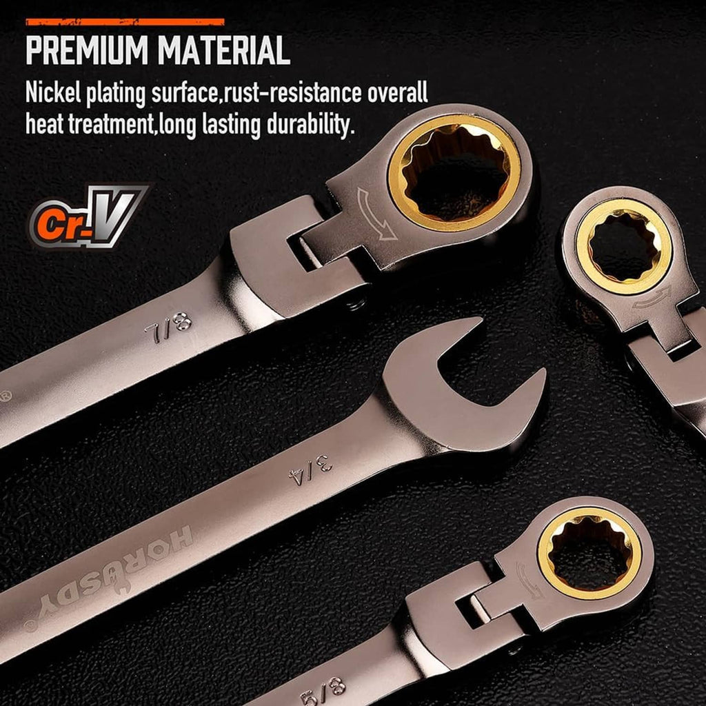 Cr-V flexible ratcheting wrench, silver body with gold socket ends and size engraving