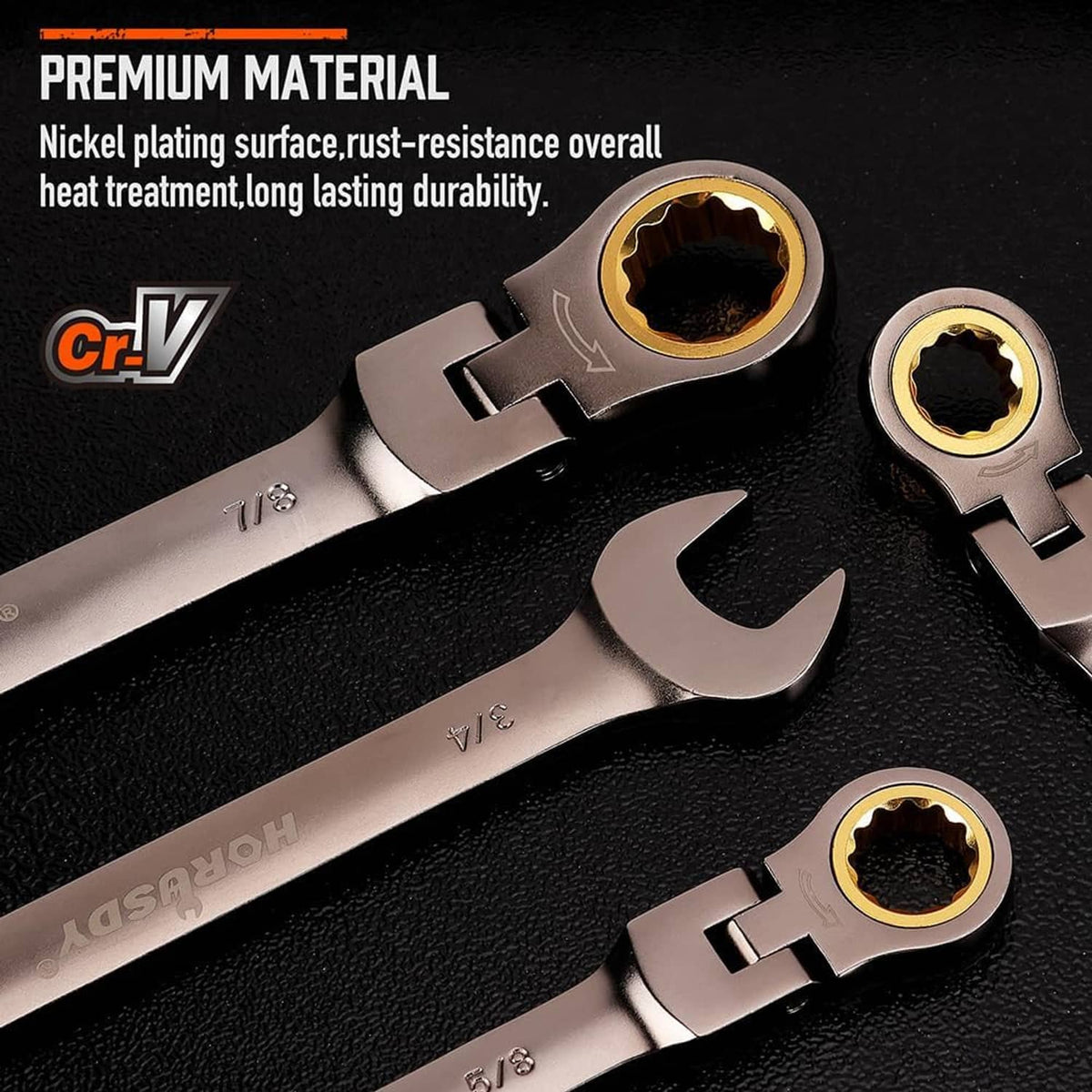 Cr-V flexible ratcheting wrench, silver body with gold socket ends and size engraving