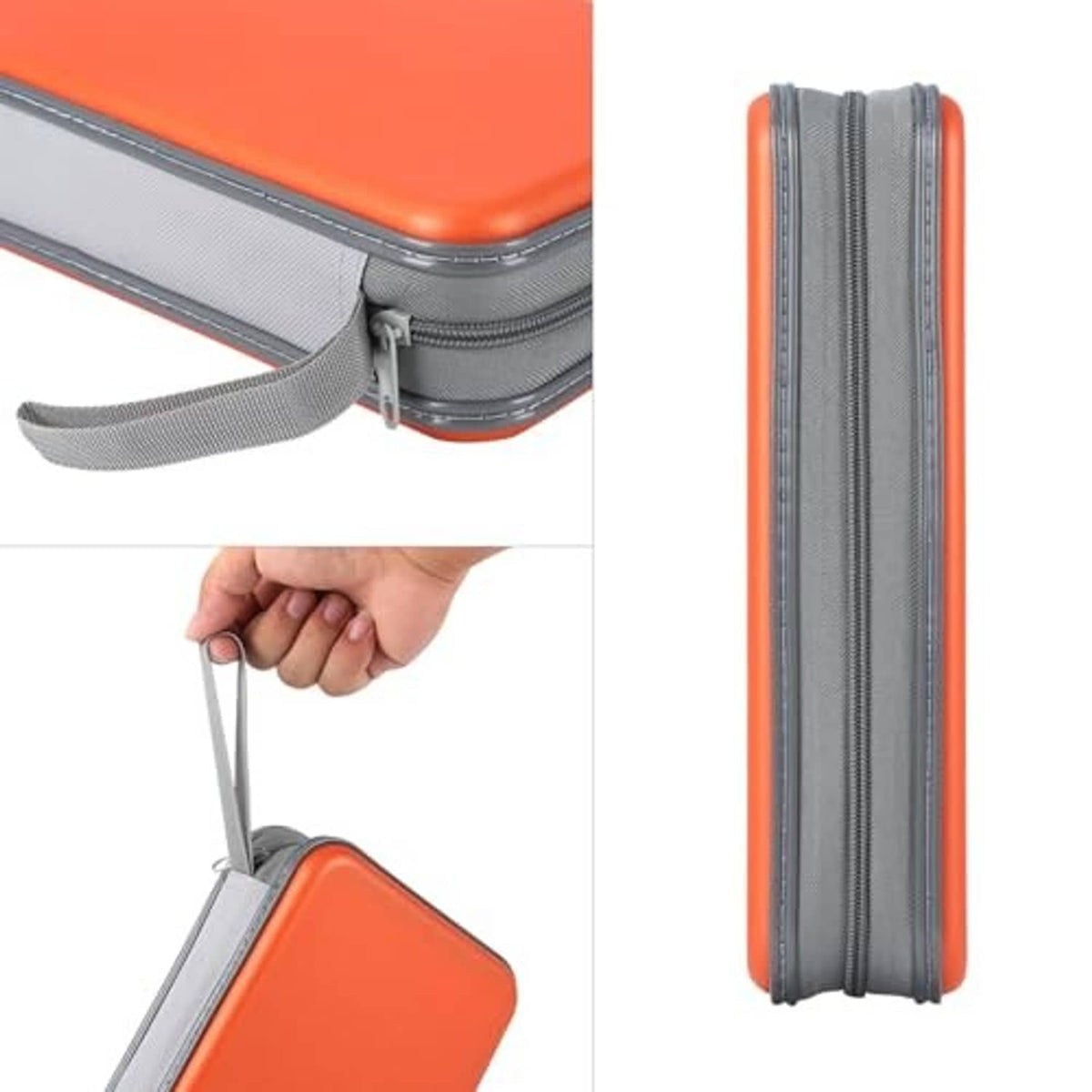 Orange hard-shell CD/DVD case with gray fabric zipper pull and spine
