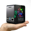 Aluminum mini tower Raspberry Pi case with transparent side and RGB-lit fan.