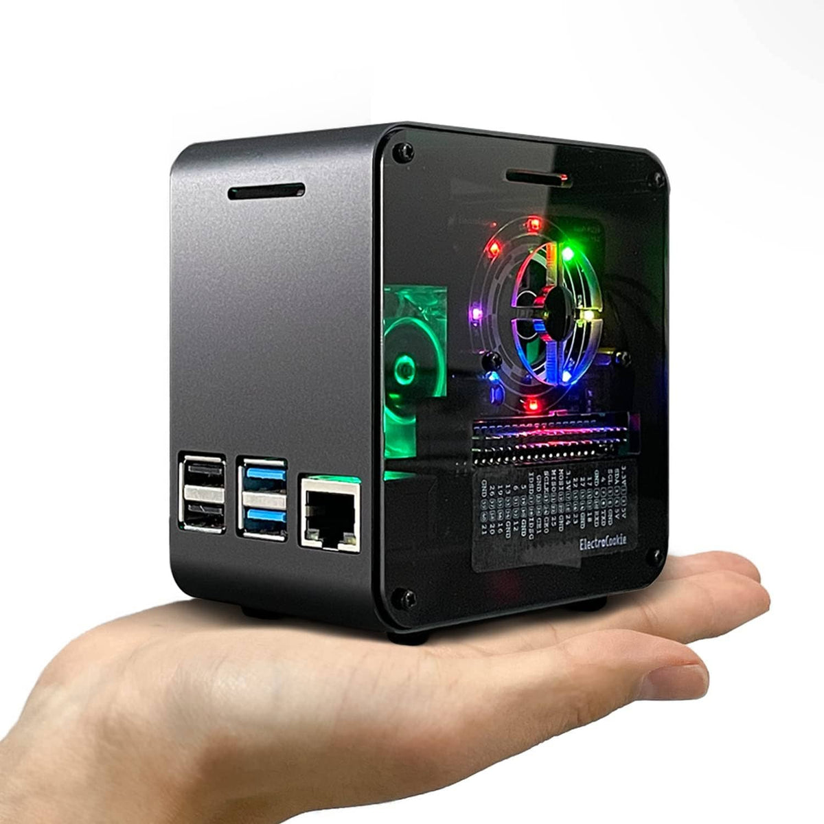Aluminum mini tower Raspberry Pi case with transparent side and RGB-lit fan.