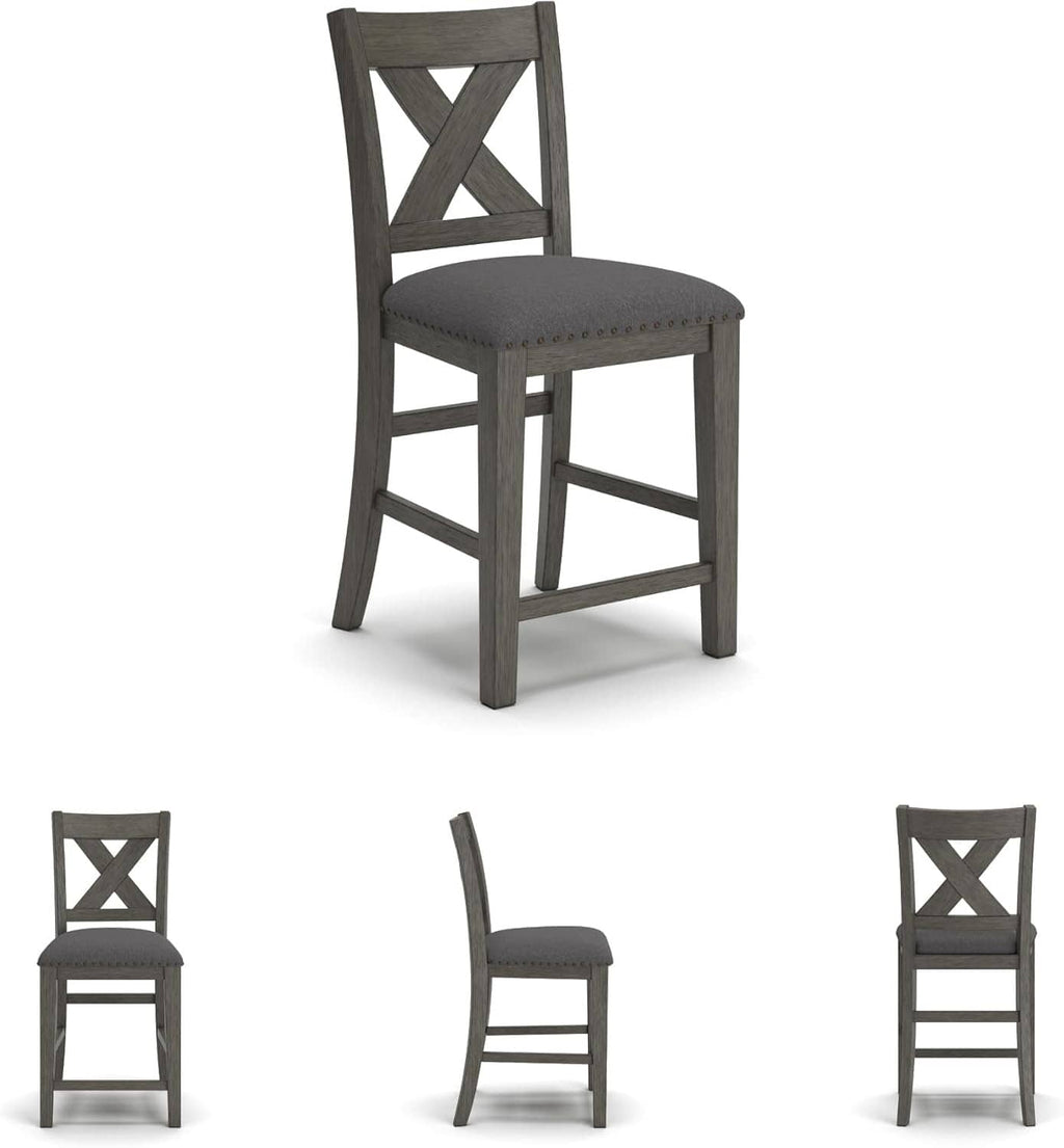 Counter-height upholstered bar stool with X-back and nailhead-trimmed gray seat