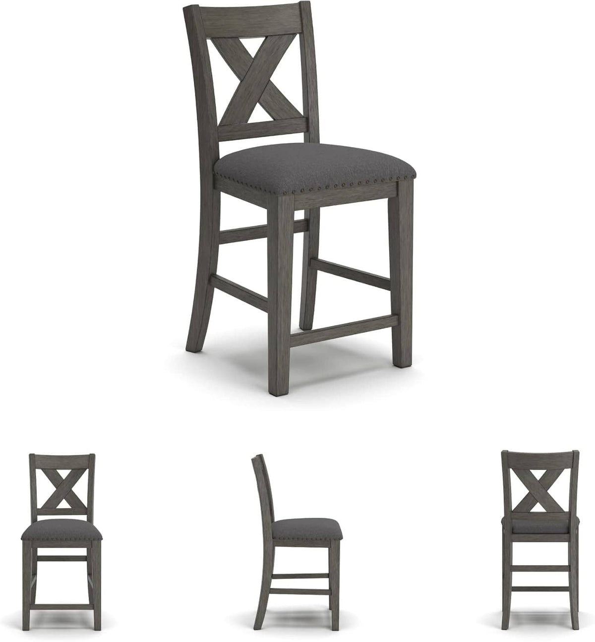 Counter-height upholstered bar stool with X-back and nailhead-trimmed gray seat