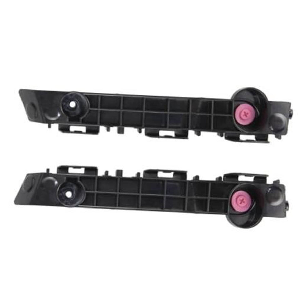 Black front bumper bracket pair with grid channels and pink-center mounting hardware