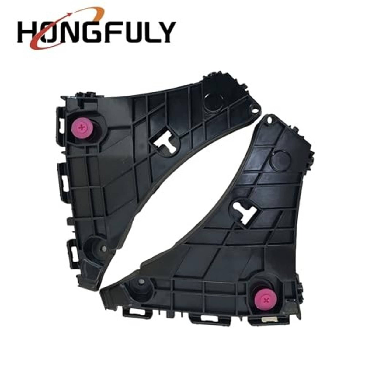 Black front bumper bracket mounting support with cutouts and pink fastener clip