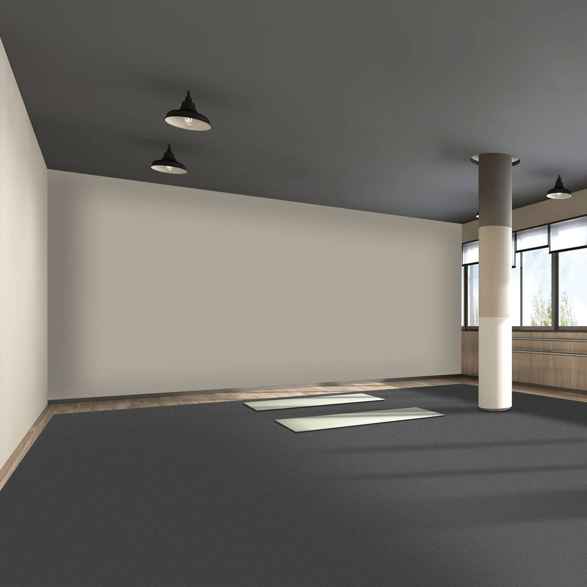 Dark gray dance floor mat installed in a room, wide floor coverage
