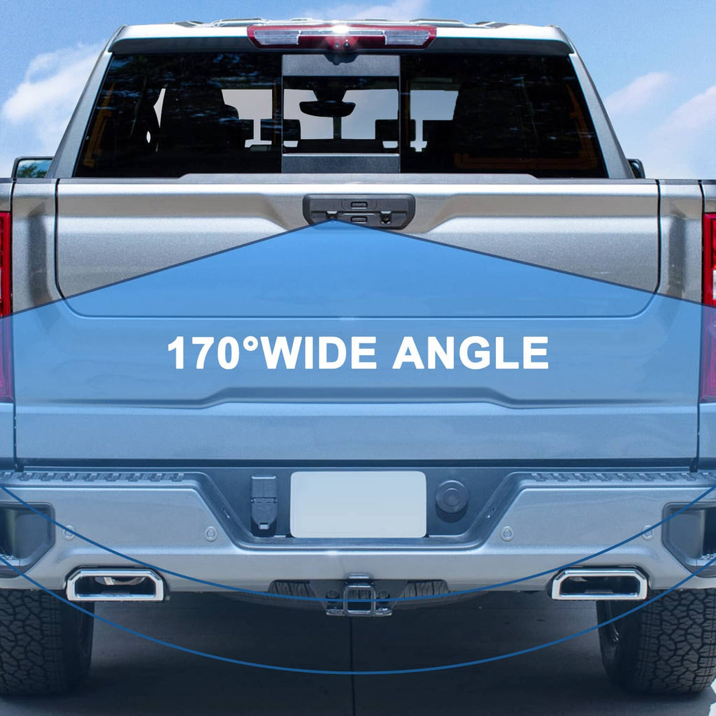 Rear license-area backup camera mounted on vehicle panel with bracket