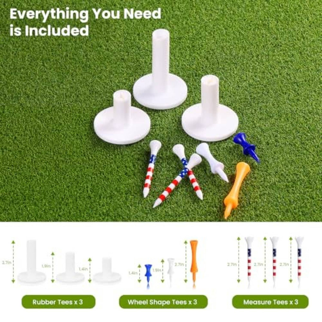 Golf mat with included white rubber tees, wheel tees, and measuring tees on turf.