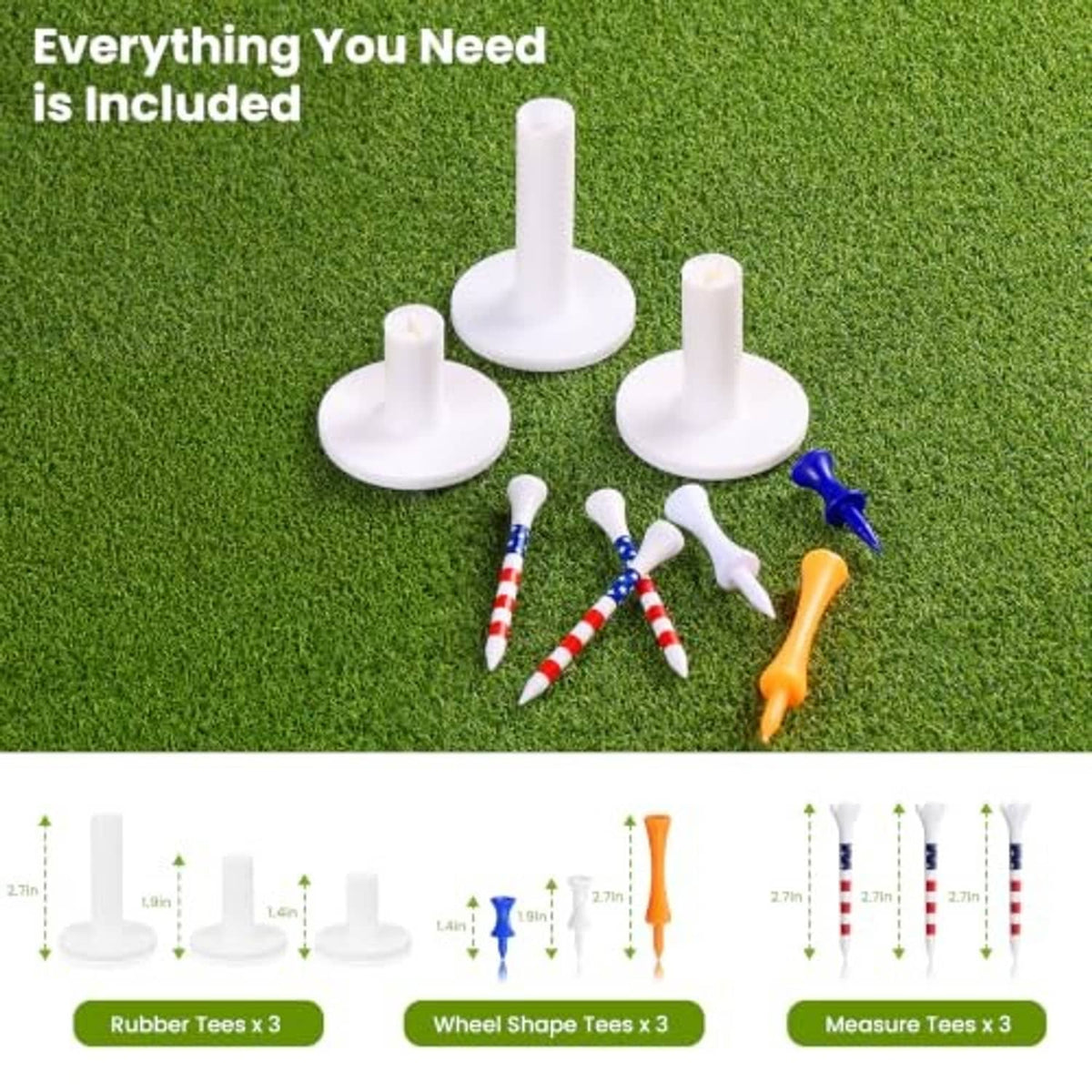 Golf mat with included white rubber tees, wheel tees, and measuring tees on turf.