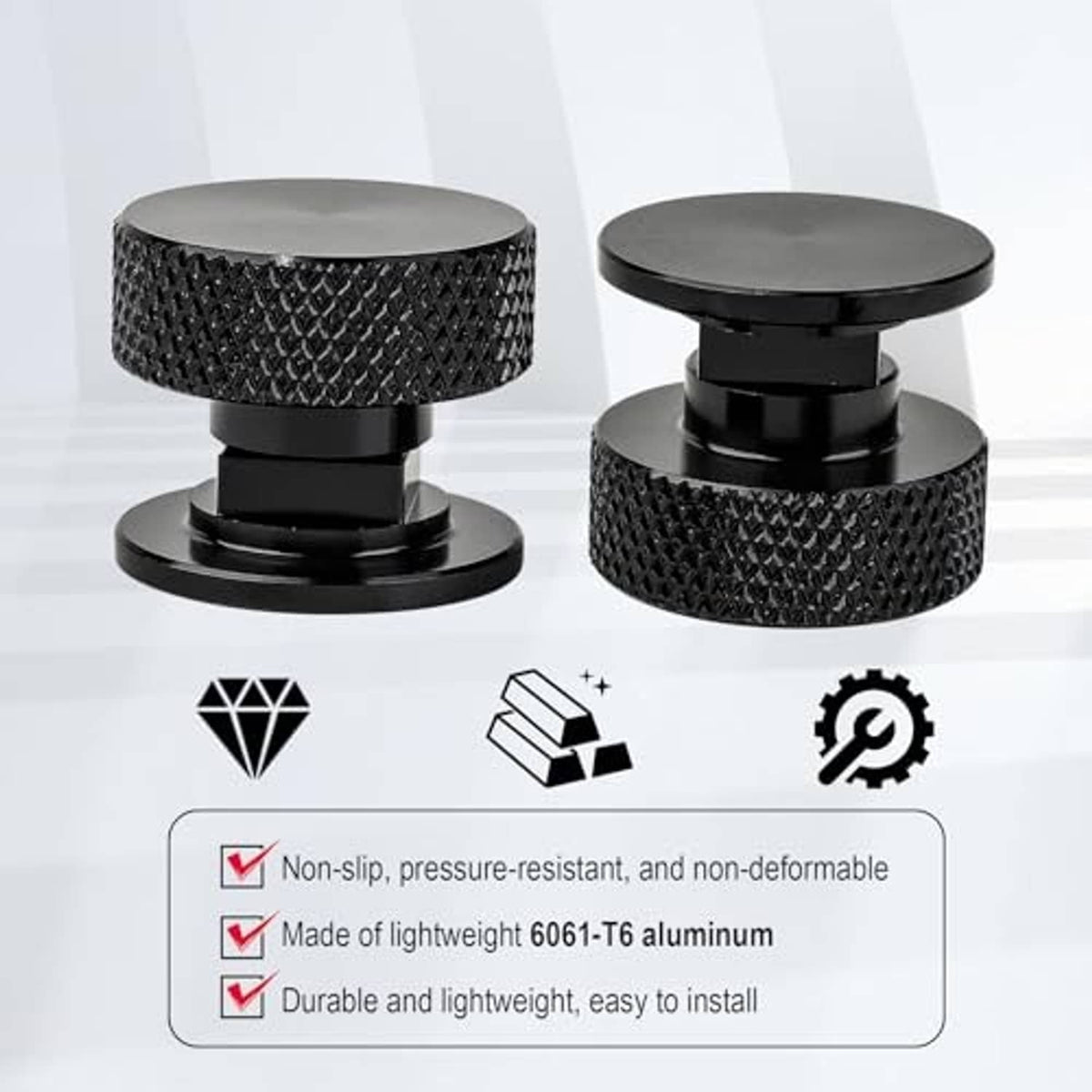 Two black knurled welding helmet fasteners with round caps and threaded bases