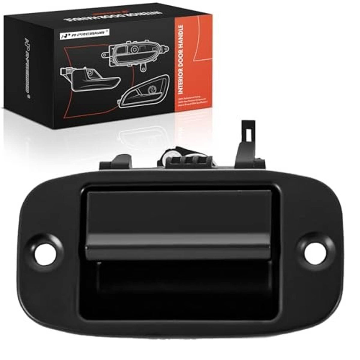 Black interior door handle, front close-up with rounded edges and side mounting holes