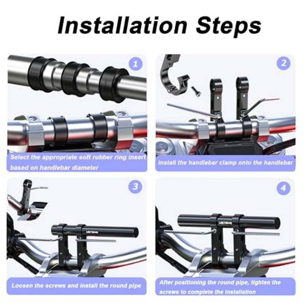 Bike handlebar extender installation parts with round bar mounts and clamp hardware