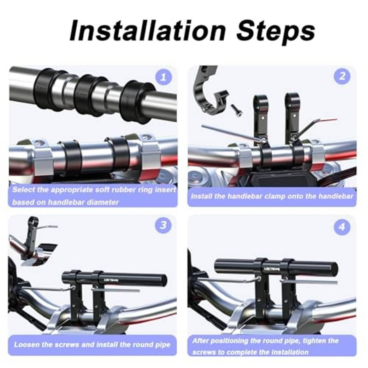 Bike handlebar extender installation parts with round bar mounts and clamp hardware