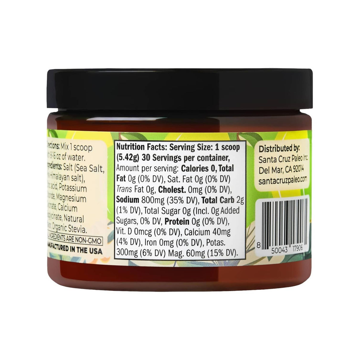 Santa Cruz Paleo lemon lime electrolyte powder jar with nutrition facts