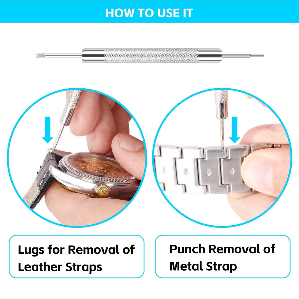 Hands using watch case press tool to remove leather and metal strap lugs with tools