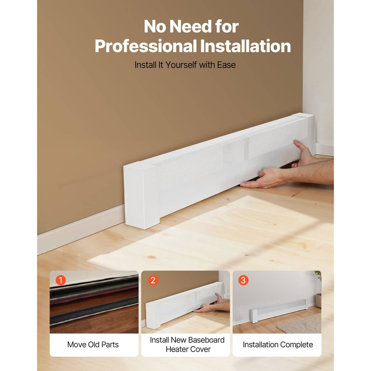 White baseboard heater cover being installed by hand on a wall-mounted baseboard