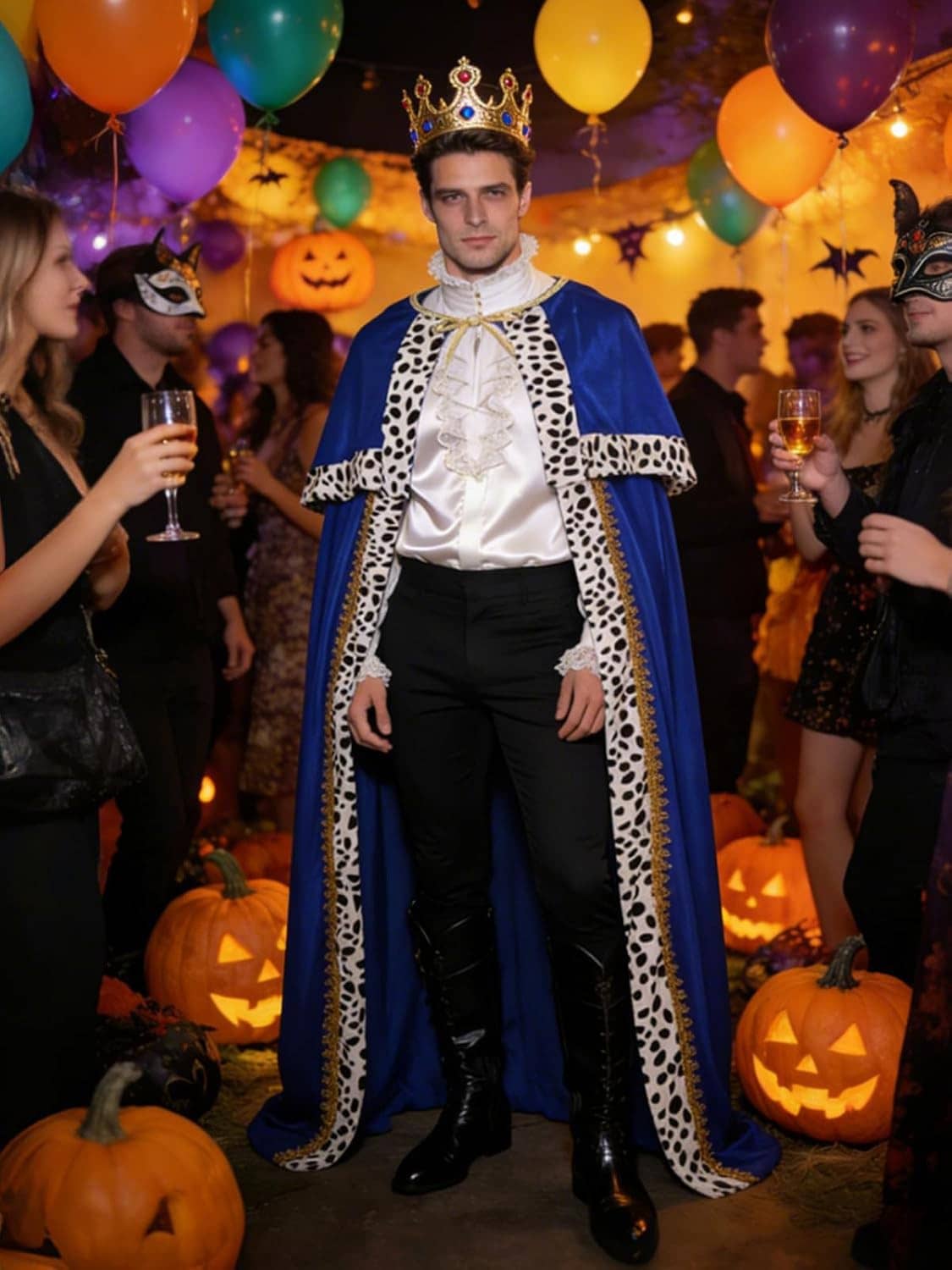 Person wearing royal blue velvet cloak robe with leopard-print trim and gold accents
