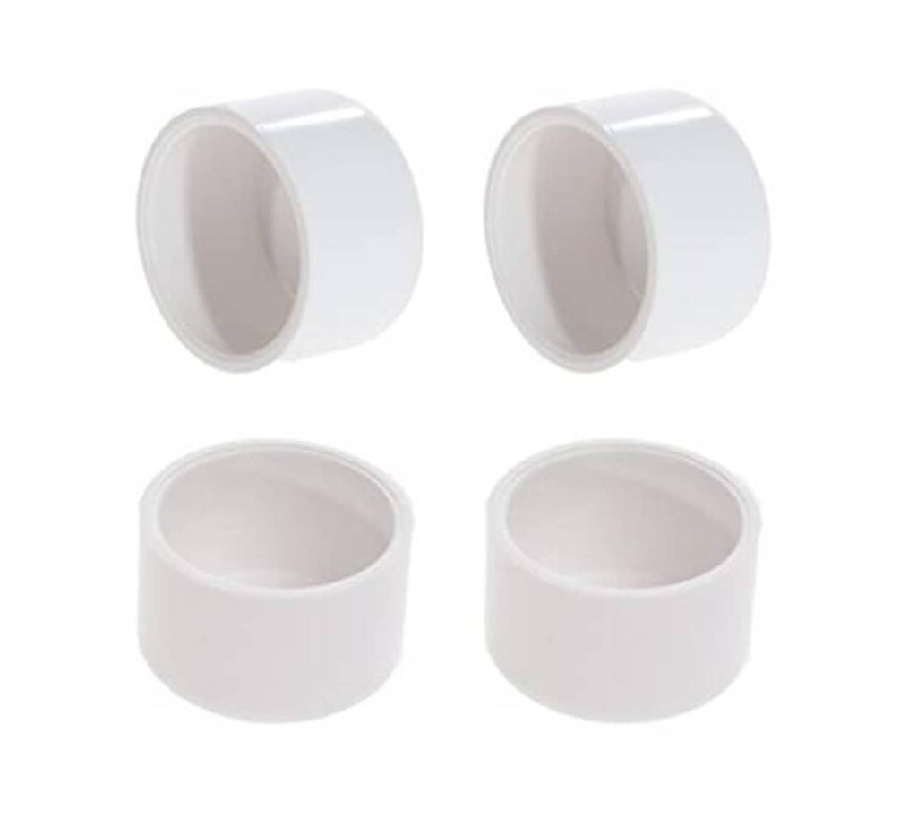Set of four white PVC pipe end plug caps, front and top views