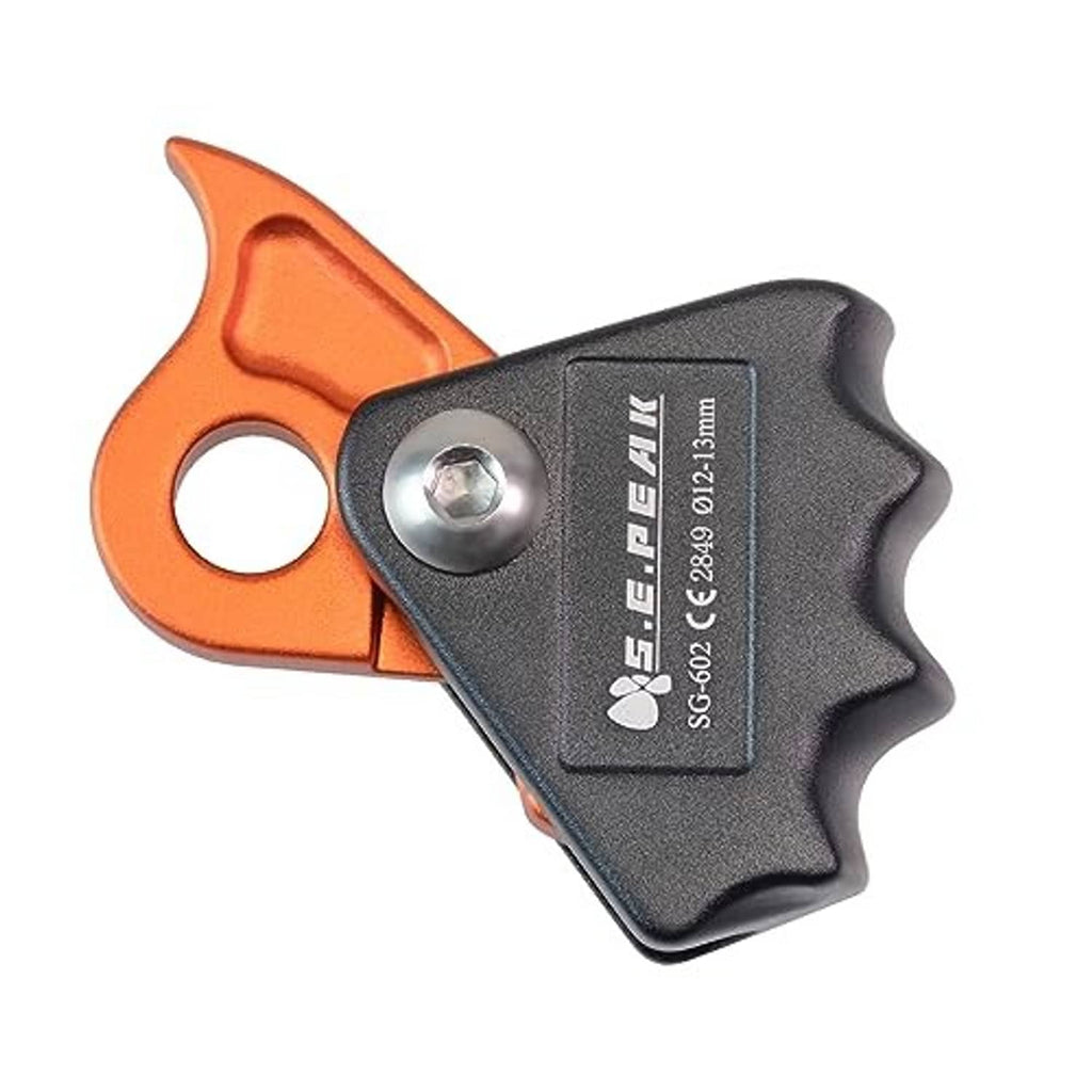 Orange and black rope grab ascender, black cam with printed label plate