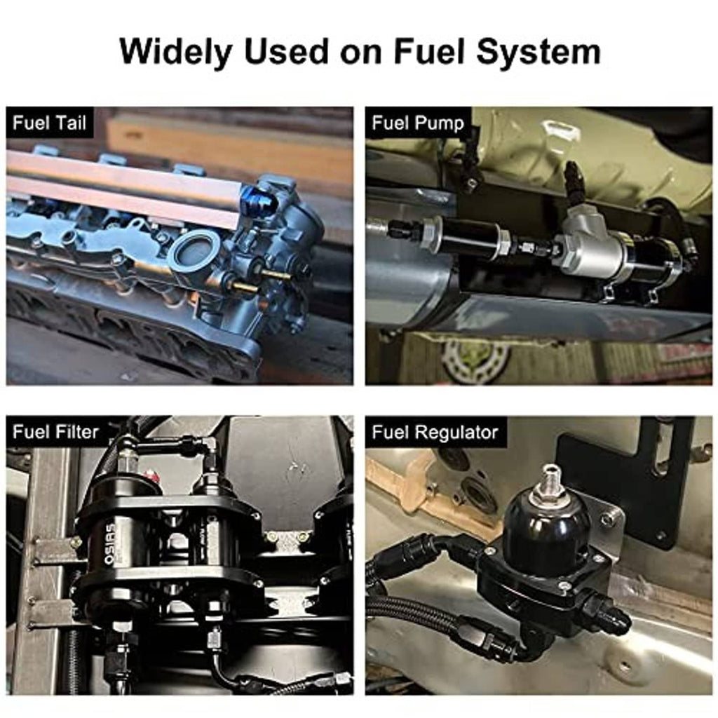 Black AN swivel adapter fitting installed on engine fuel line components