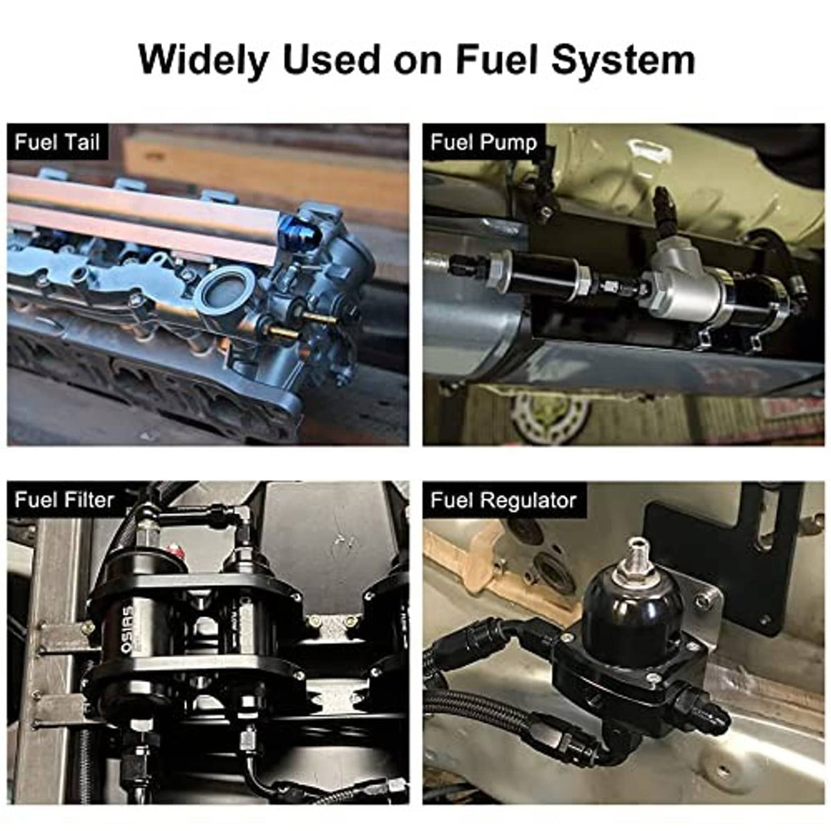 Black AN swivel adapter fitting installed on engine fuel line components