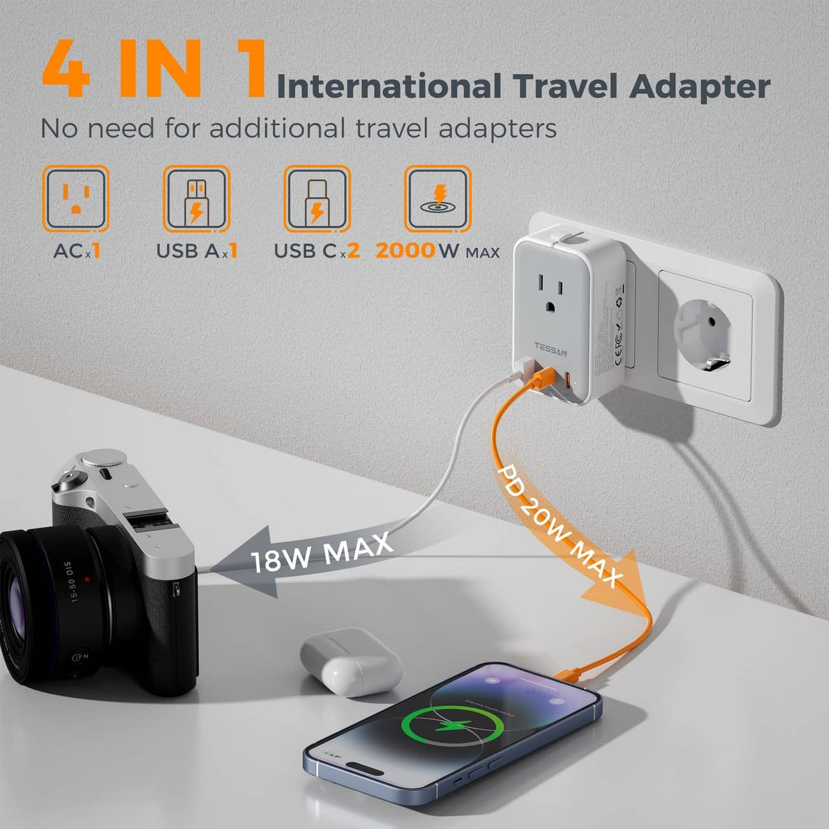 International travel adapter with AC outlet and USB ports, grey ultra-slim