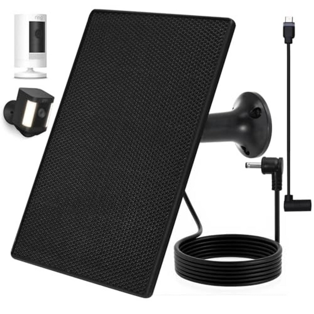 Black solar panel charger kit with wall mount bracket, adapter, and coiled wire