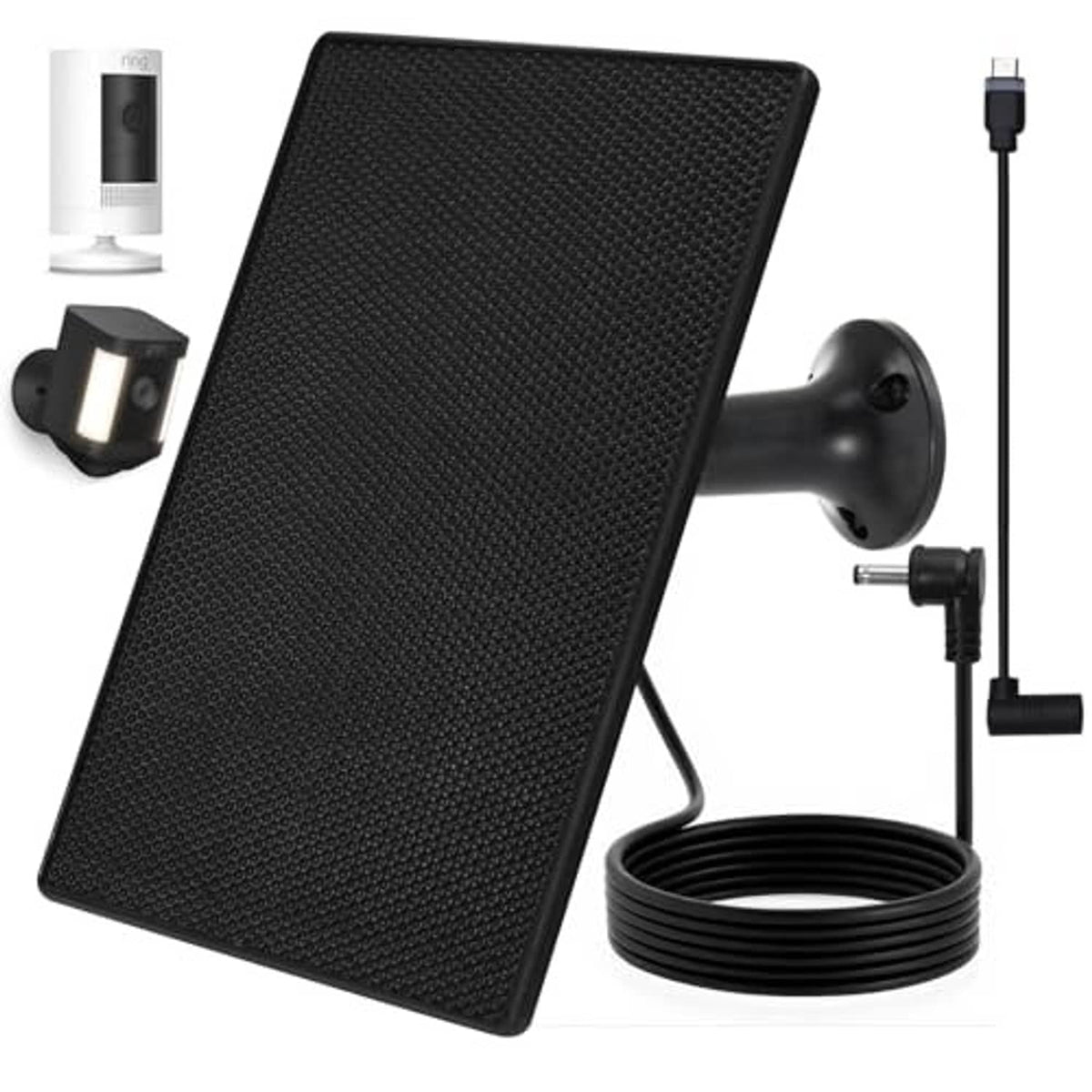 Black solar panel charger kit with wall mount bracket, adapter, and coiled wire