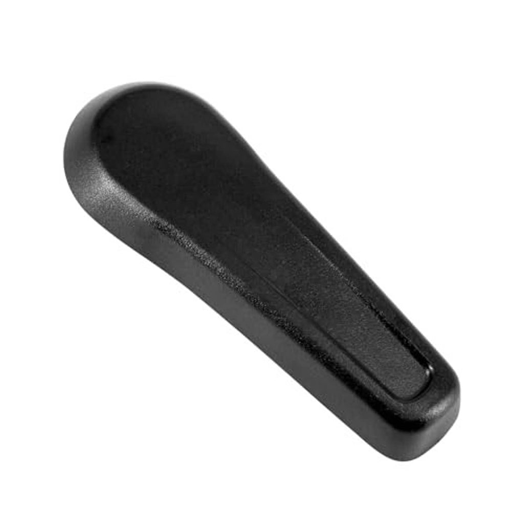 Black recliner lever handle with oval grip, smooth matte finish