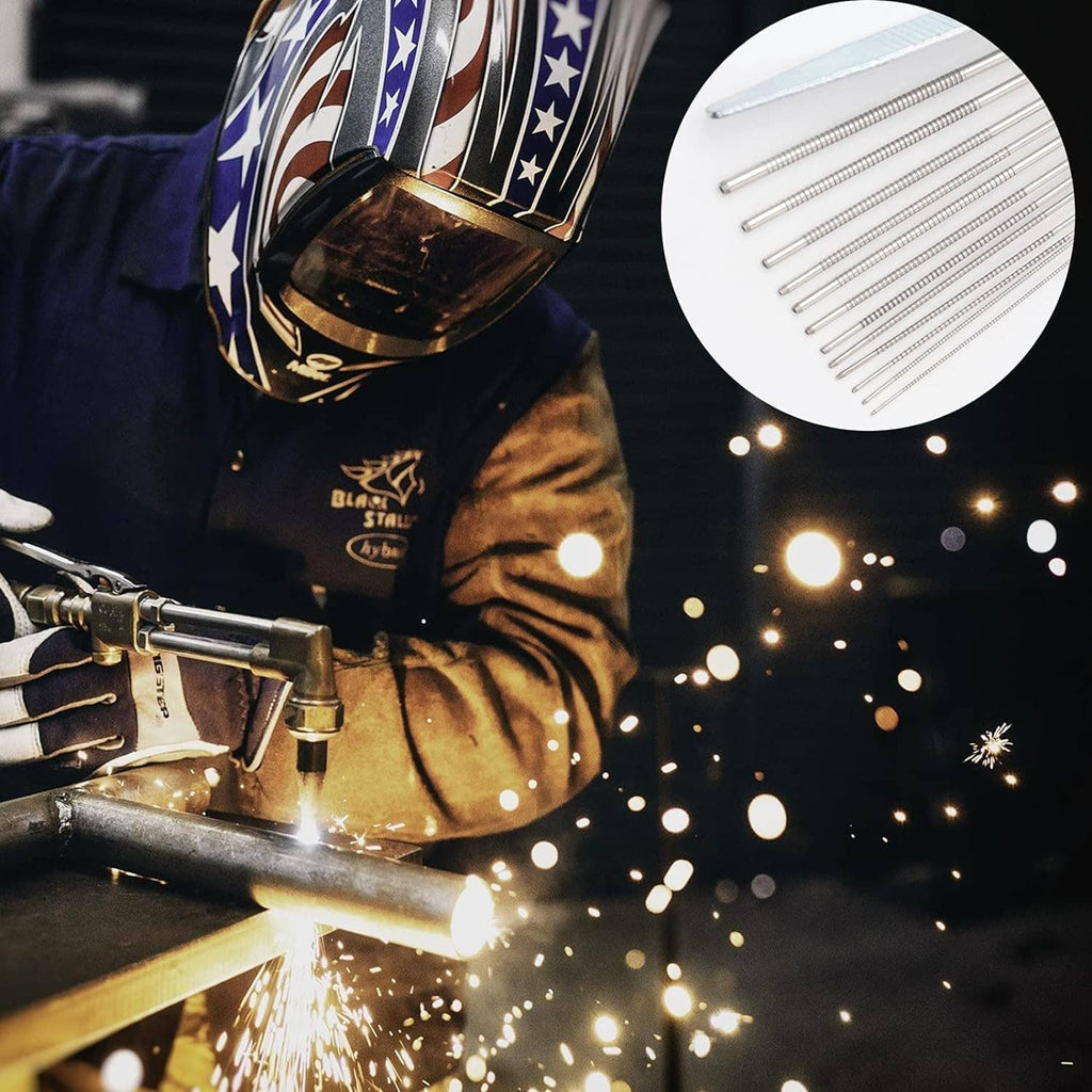 Welding torch nozzle with needle cleaner kit tips shown in an inset close-up