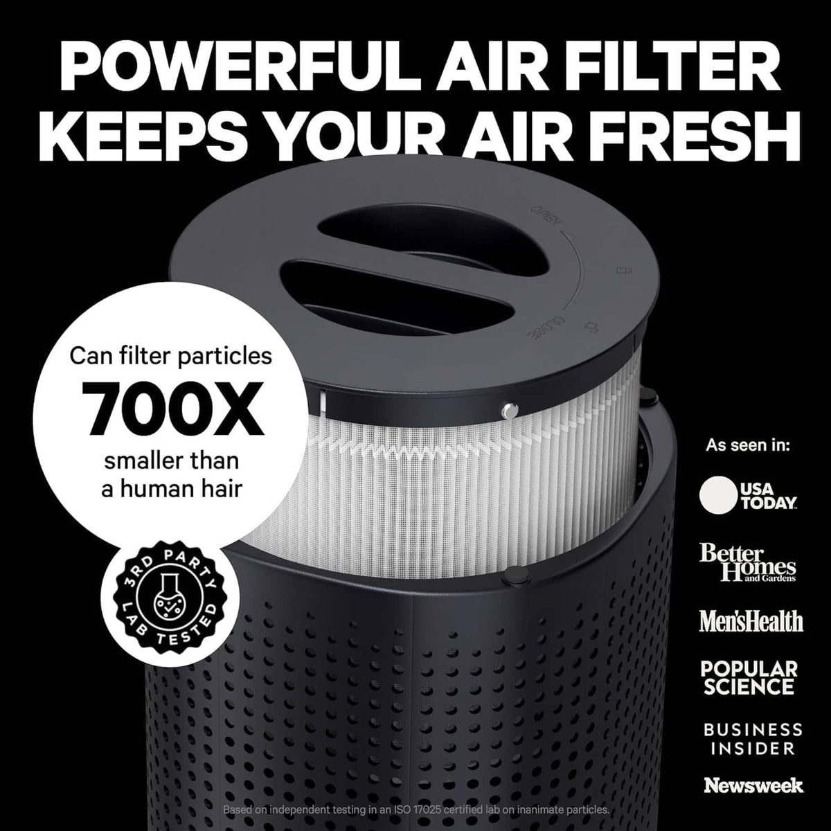 Black air purifier with visible round filter area and ridged filter housing