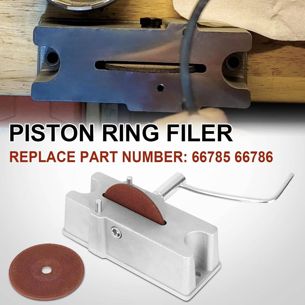 Piston ring filer grinder tool with aluminum body, handle, and brown grinding wheels