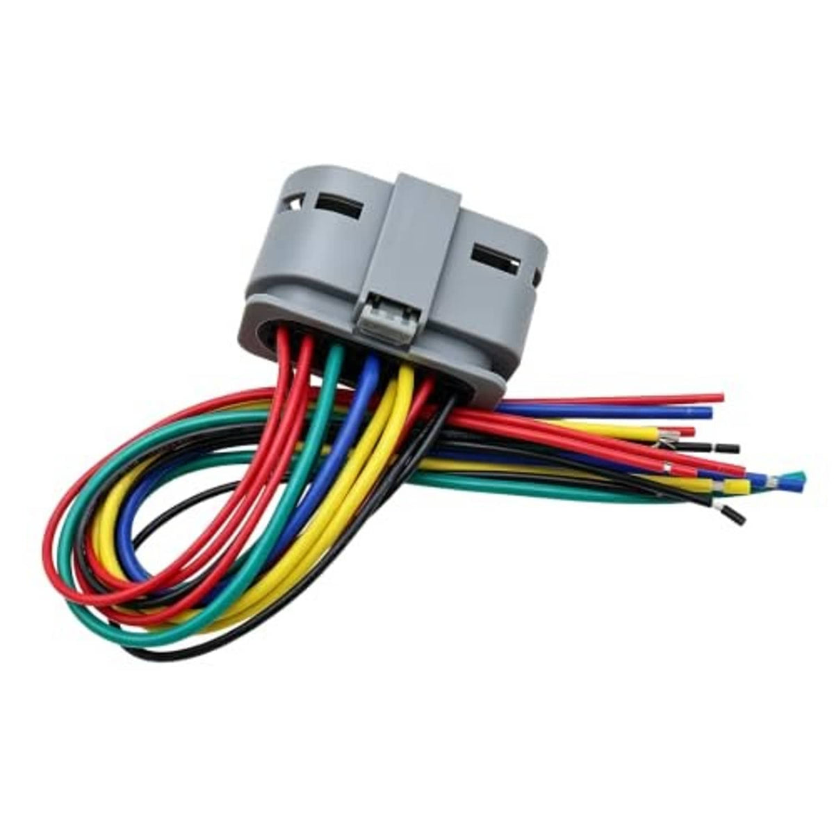 Headlight wiring pigtail connector plug with gray housing and bundled multicolor wires