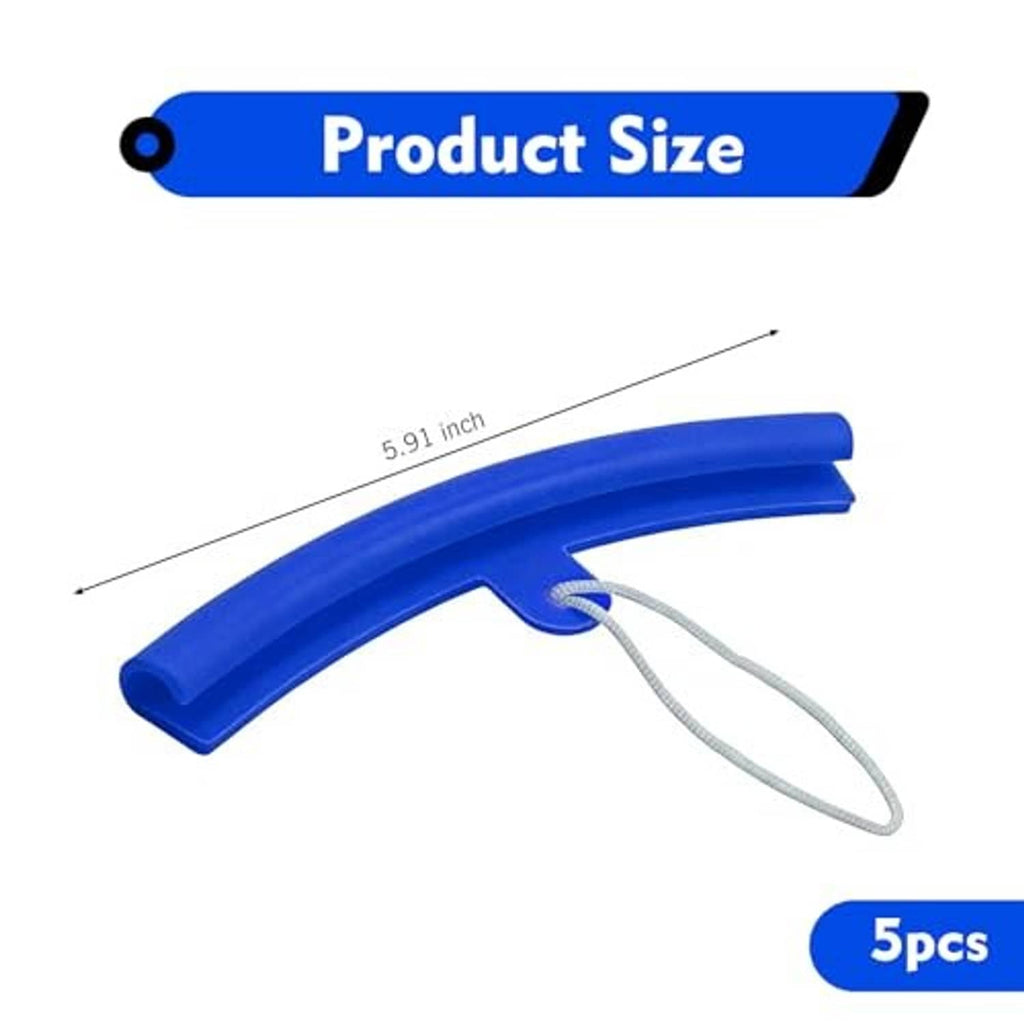 Blue U-shaped rim saver guard with attached rope and size reference arrow