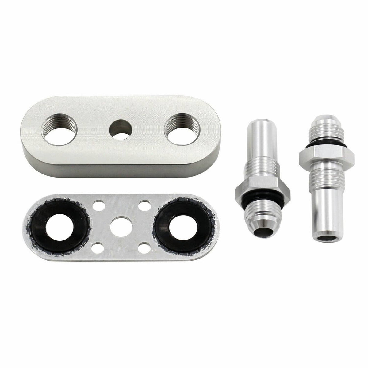 Transmission cooler line adapter kit with mounting plate, two 6AN fittings, and seal rings