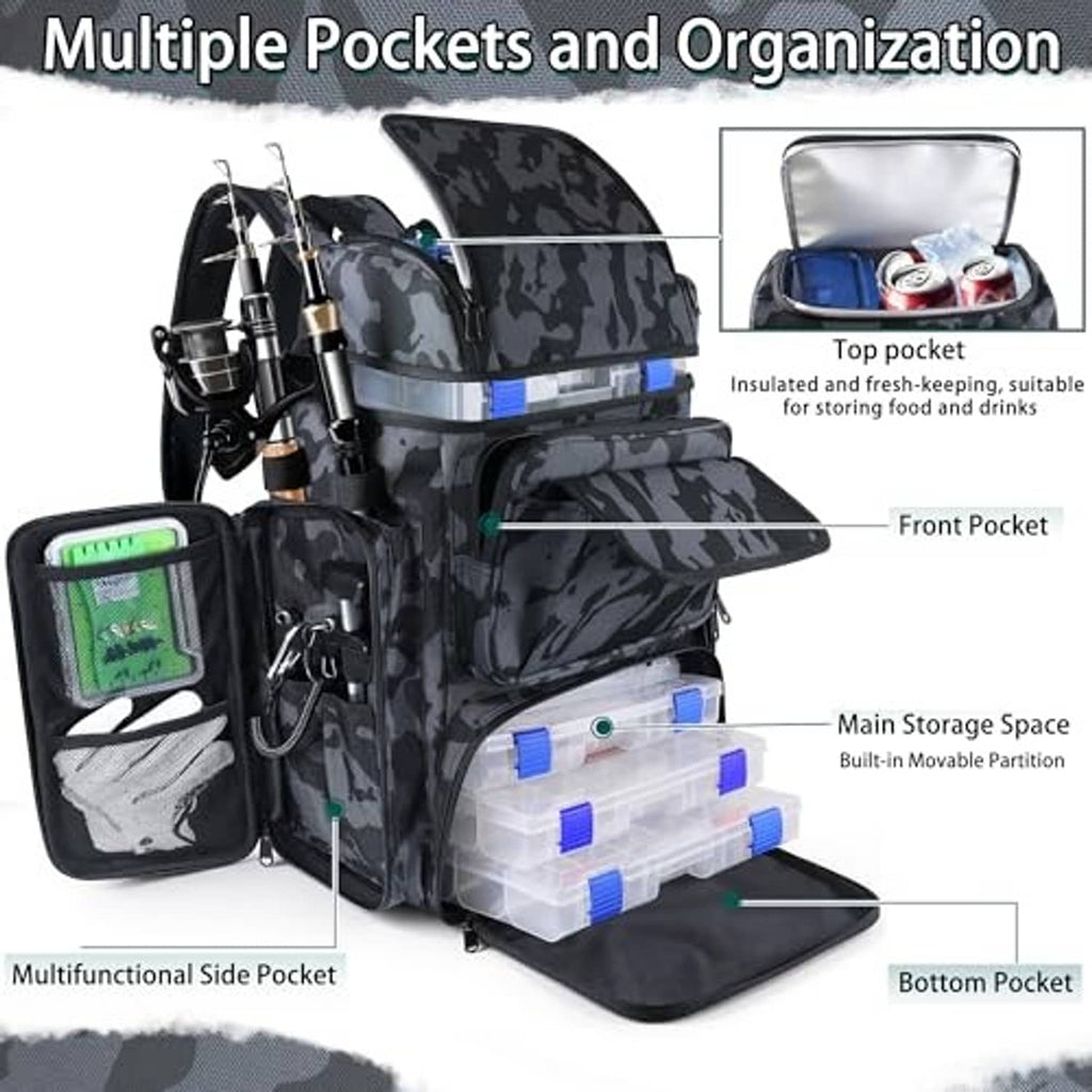 Camouflage black fishing tackle backpack with multiple pockets and open front organizer area