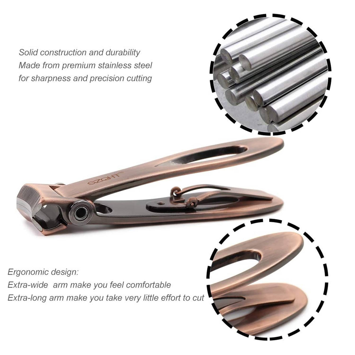 Bronze nail clipper with extra-wide opening and precision steel jaws