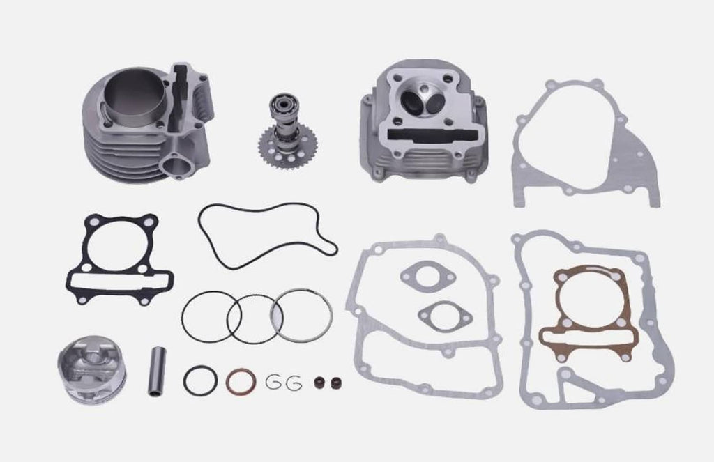Big bore cylinder kit parts set with cylinder head, piston, and gaskets in gray and black