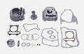 Big bore cylinder kit parts set with cylinder head, piston, and gaskets in gray and black