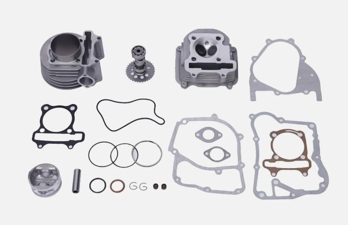 Big bore cylinder kit parts set with cylinder head, piston, and gaskets in gray and black