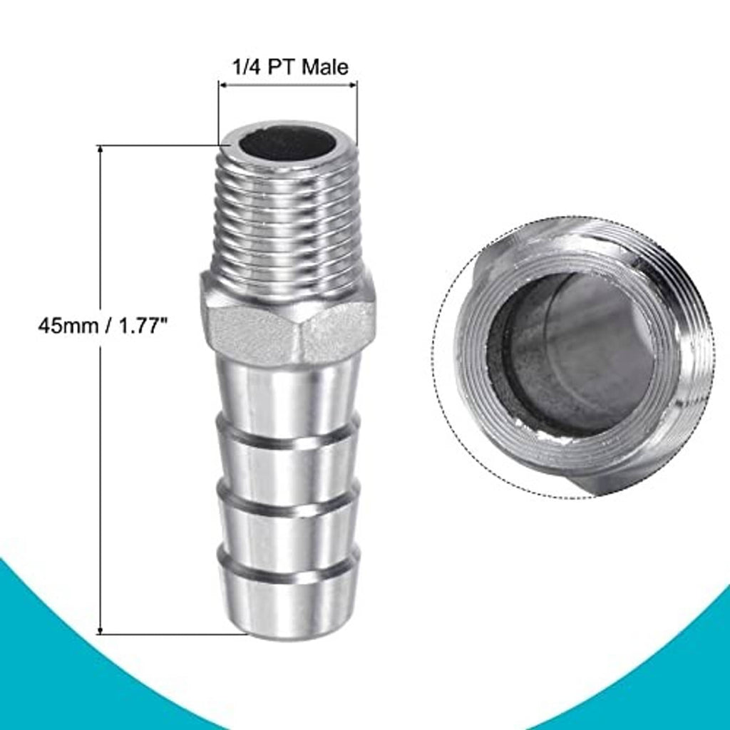 Stainless steel hose barb fitting showing male 1/4 PT threads and barbed tube end.