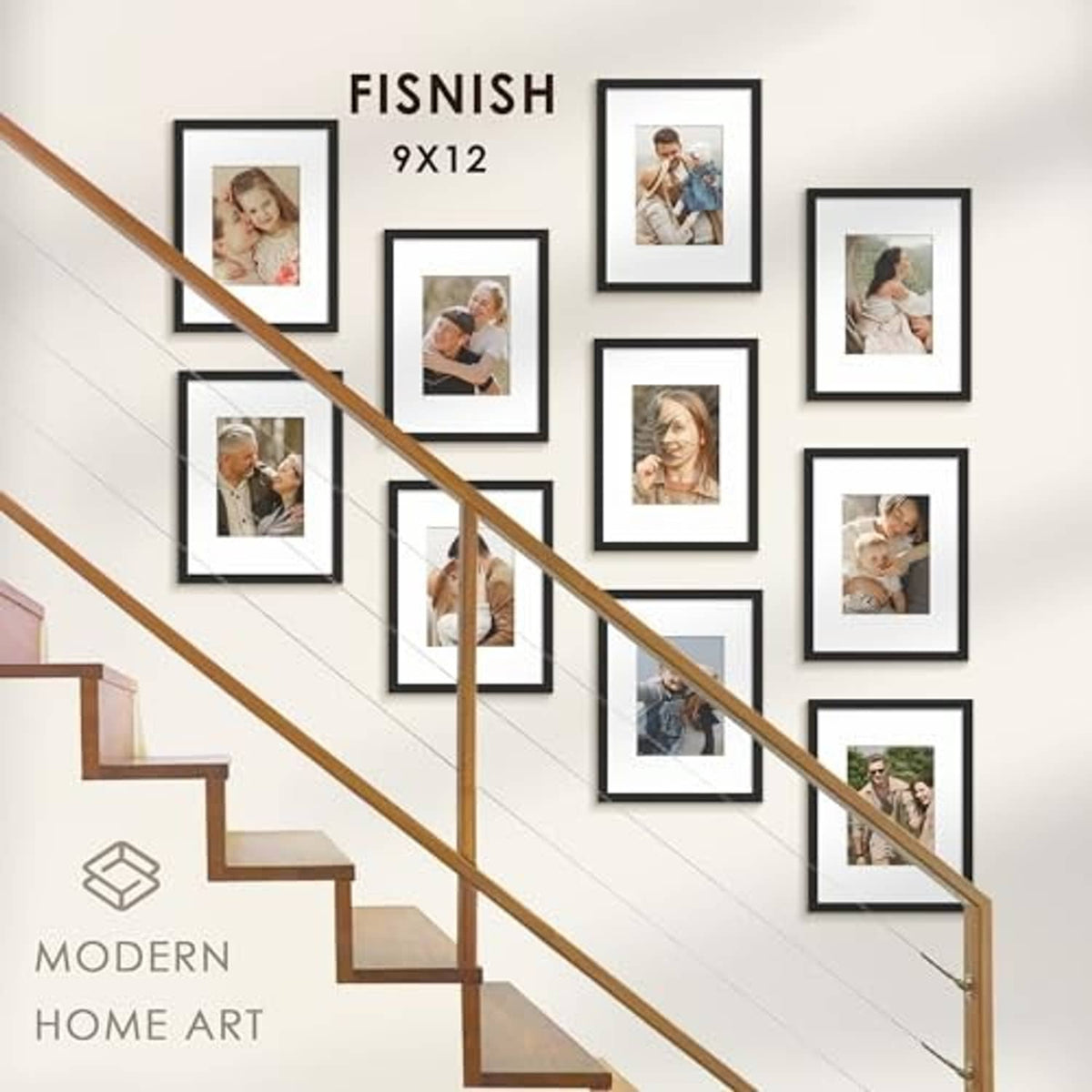 Black photo frame set displayed along a staircase wall with multiple framed pictures