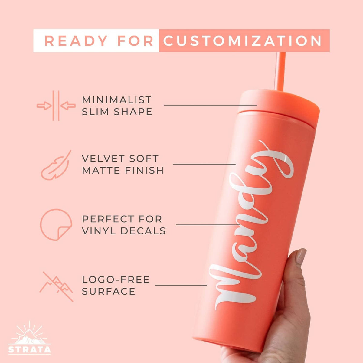 Orange skinny tumbler with lid and straw, velvet soft matte finish